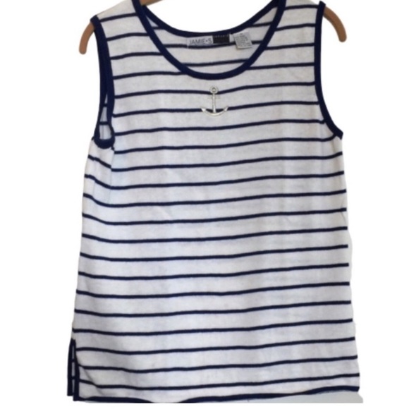 VINTAGE JAMIE S CASUALS Sweater Tank Embroidered White Navy Blue Stripes Medium - Picture 3 of 12